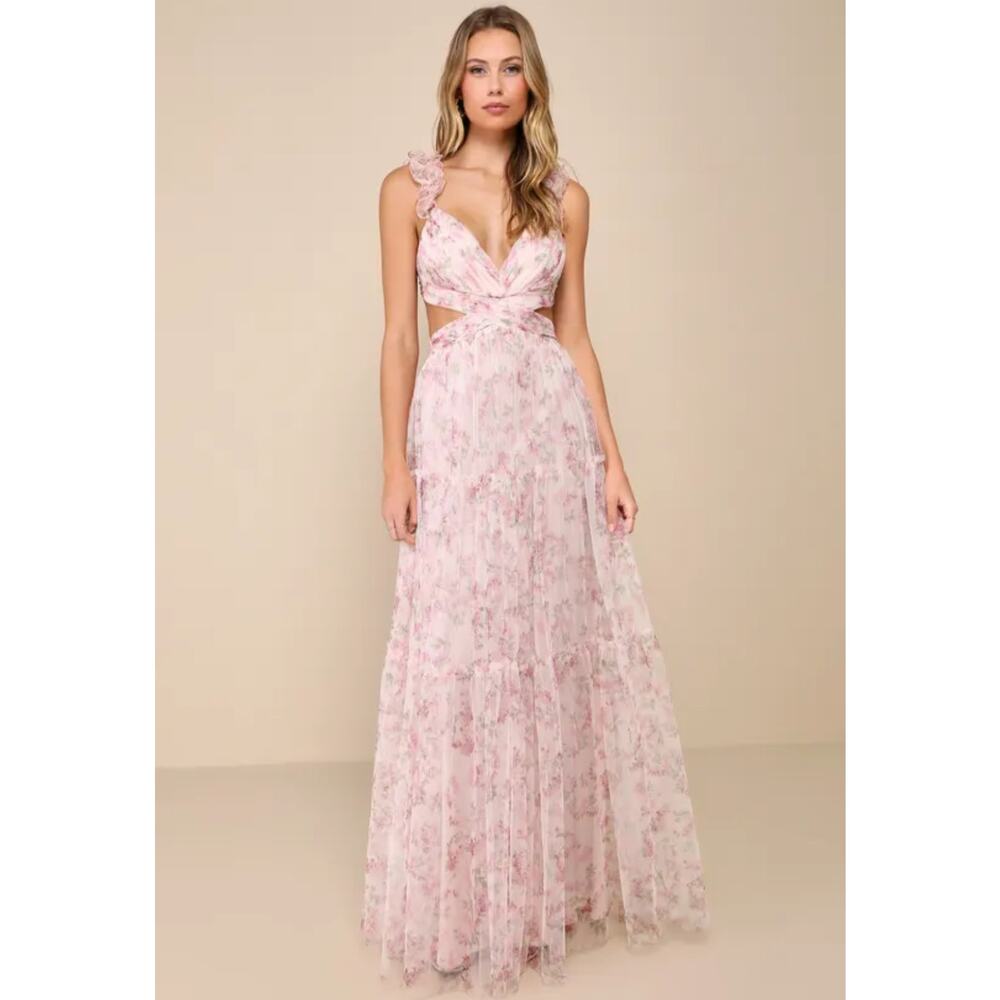 NEW Lulus Ethereal Love Blush Floral Pleated Tiered Tie-Back Maxi Dress M